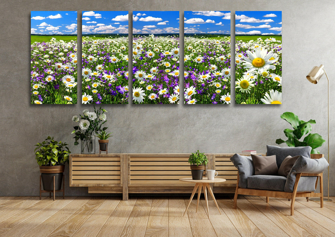 Spring Landscape, Blooming Daisy Glass Wall Art, photo print on glass, prints on glass wall art