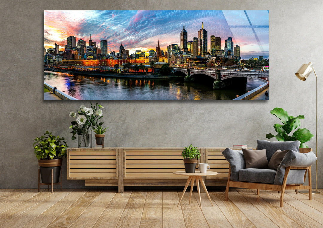 Downtown Melbourne Cityscape Glass Wall Art, glass wall decor, glass wall art decor