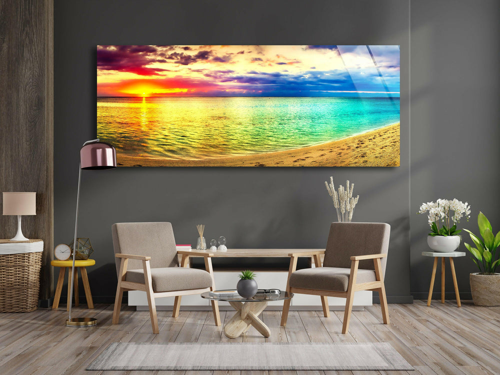 Colorful Sunset & Beach Landscape Glass Wall Art, art glass wall art, glass wall art pictures