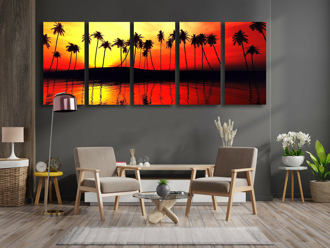 Palm Trees & Sunset Glass Wall Art, print on glass, glass printed photos