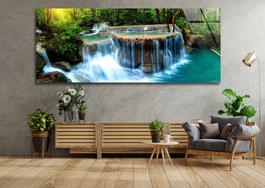 Erawan Cascade Waterfall Glass Wall Art, photo print on glass, prints on glass wall art