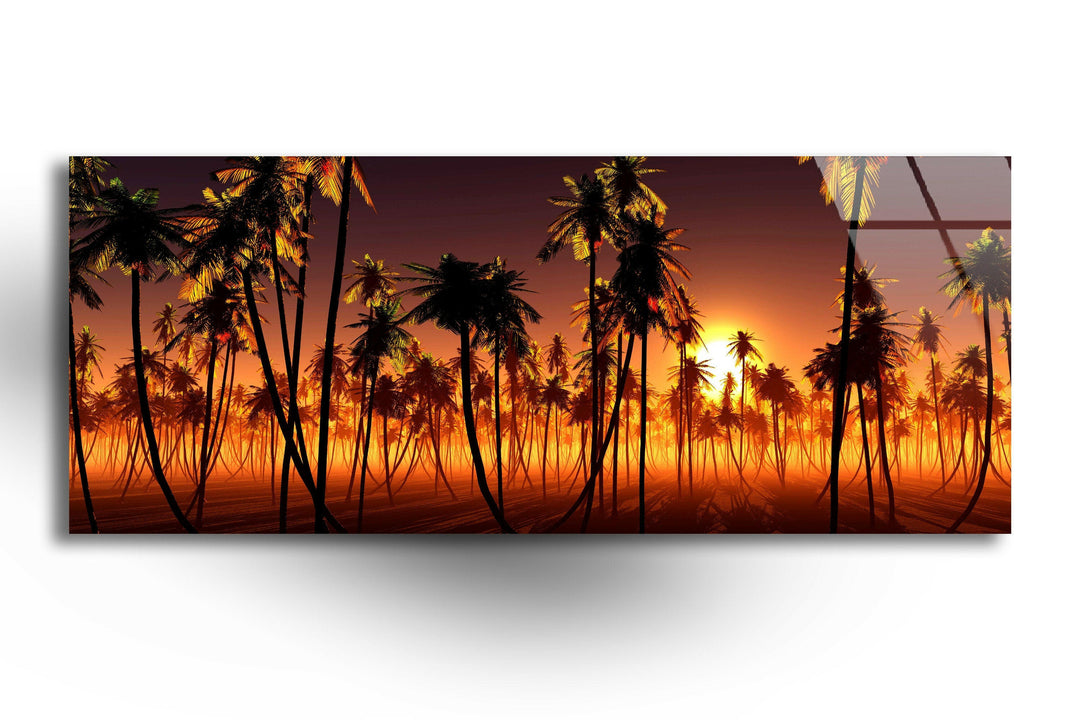 Palm Trees & Sun Setting Landscape Glass Wall Art, glass art painting, glass art for the Wall