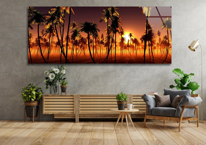 Palm Trees & Sun Setting Landscape Glass Wall Art, print picture on glass, Tempered Glass Wall Art