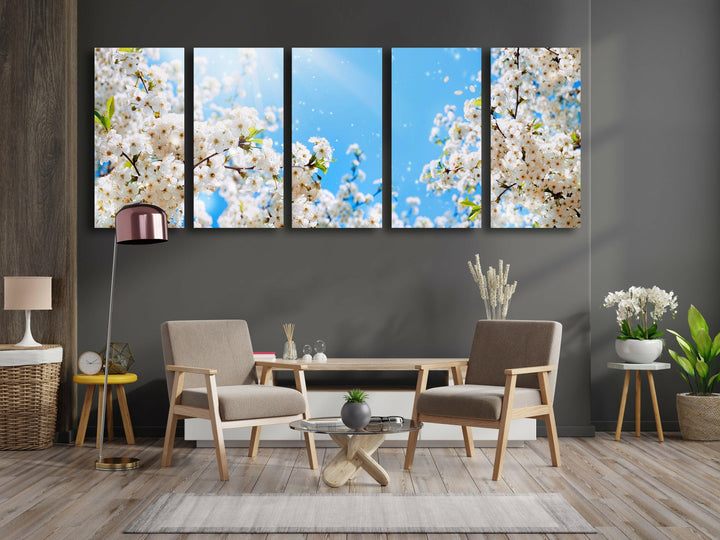 Spring White Blossom Tree Glass Wall Art, glass art painting, glass art for the Wall