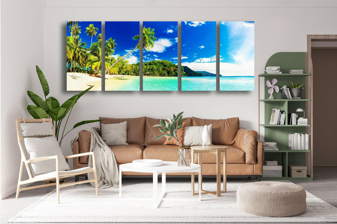 Tropical Beach With Palms Landscape Glass Wall Art, glass art painting, glass art for the Wall