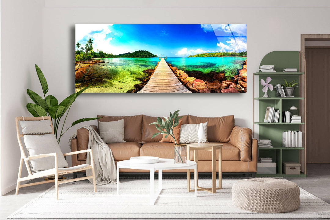 Tropical Beach With Wooden Dock Glass Wall Art, glass pictures for Wall, glass prints wall art