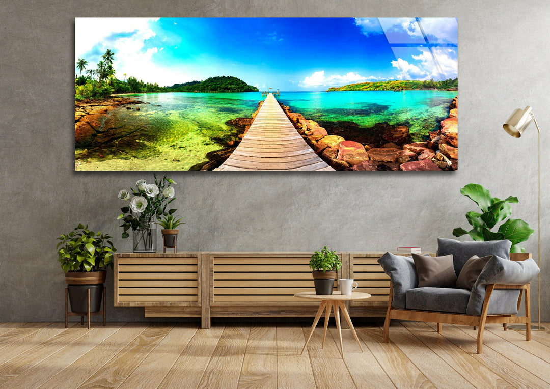 Tropical Beach With Wooden Dock Glass Wall Art, glass image printing, glass prints from photos