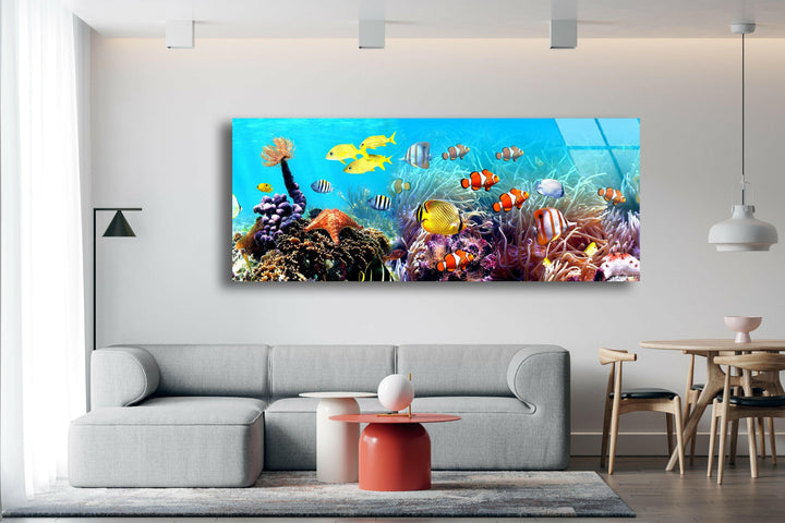 Undersea Tropical Fishes Glass Wall Art, custom glass pictures, glass art prints