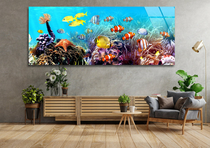 Undersea Tropical Fishes Glass Wall Art, photo print on glass, prints on glass wall art