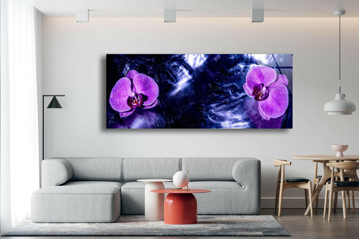 Purple Blooming Orchid Glass Wall Art, picture on glass wall art, photos printed on glass