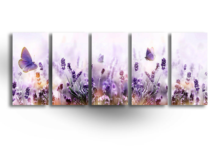 Lavender Garden & Flying Butterflies Glass Wall Art, print on glass, glass printed photos