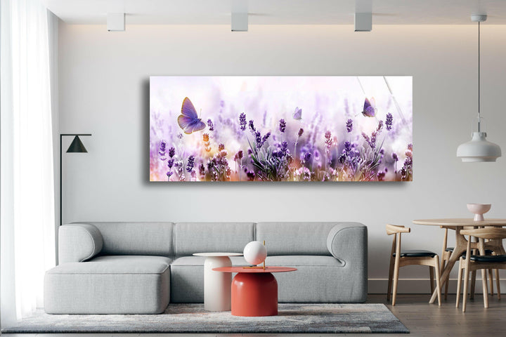 Lavender Garden & Flying Butterflies Glass Wall Art, custom glass photo prints, large glass prints