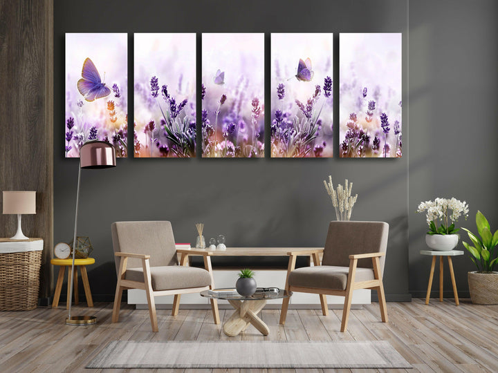 Lavender Garden & Flying Butterflies Glass Wall Art, large glass photo prints, glass wall photos