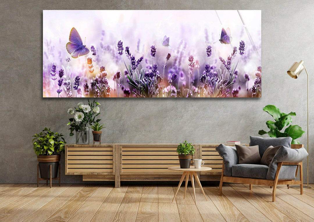 Lavender Garden & Flying Butterflies Glass Wall Art, custom glass pictures, glass art prints