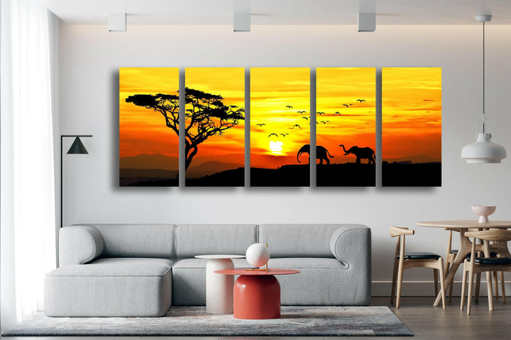 Savanna Sunset & Elephant Glass Wall Art, Glass Printing Wall Art, Print photos on glass