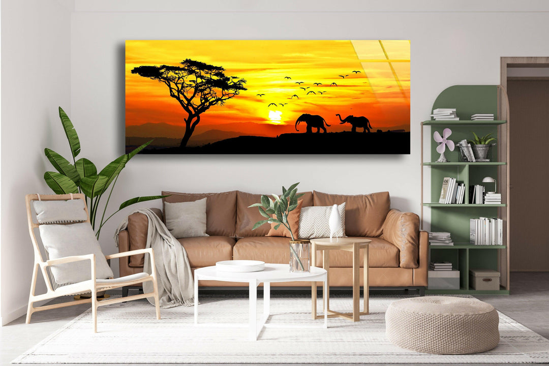 Savanna Sunset & Elephant Glass Wall Art, glass art painting, glass art for the Wall