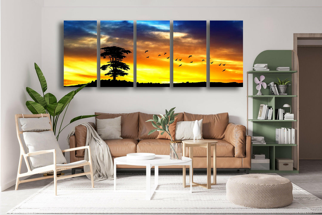 Sunset Nature Silhouette Glass Wall Art, glass wall decor, glass wall art decor