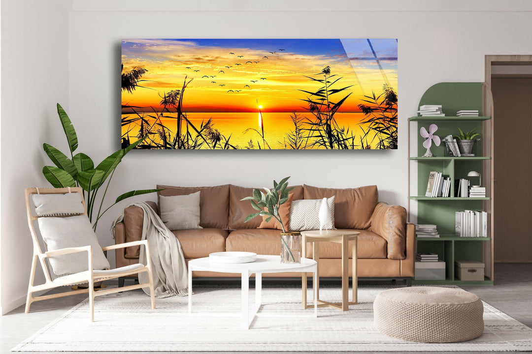 Sunrise On Calm Lake Glass Wall Art, print picture on glass, Tempered Glass Wall Art