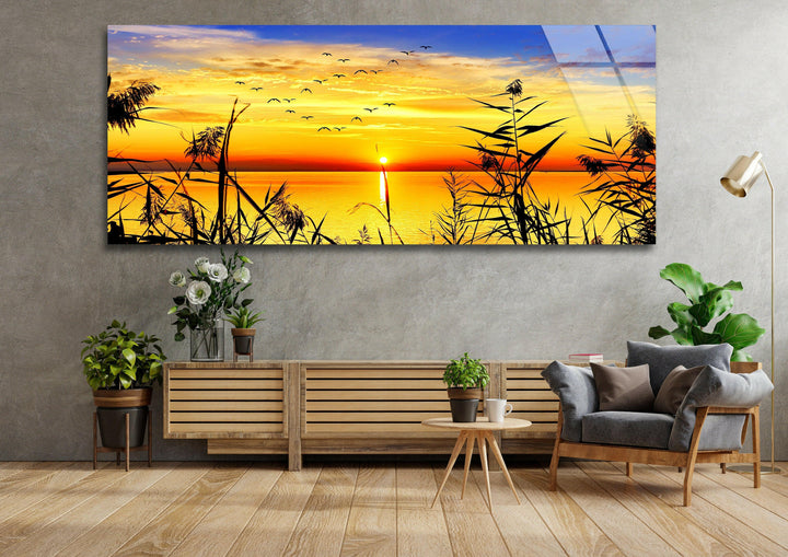 Sunrise On Calm Lake Glass Wall Art, art glass wall art, glass wall art pictures