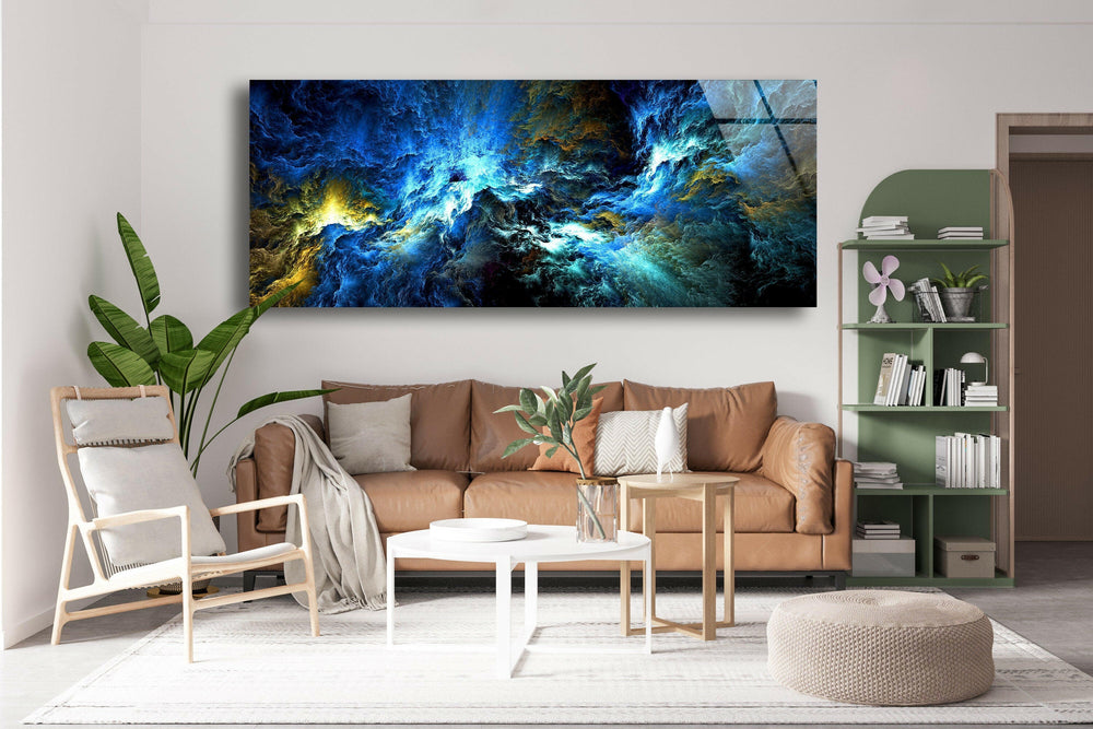 Blue, Black Cloud Abstract Glass Wall Art, picture on glass wall art, photos printed on glass