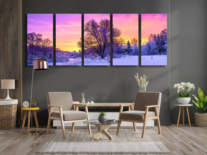 Snowy Forest Sunset Landscape Glass Wall Art, custom glass photo prints, large glass prints