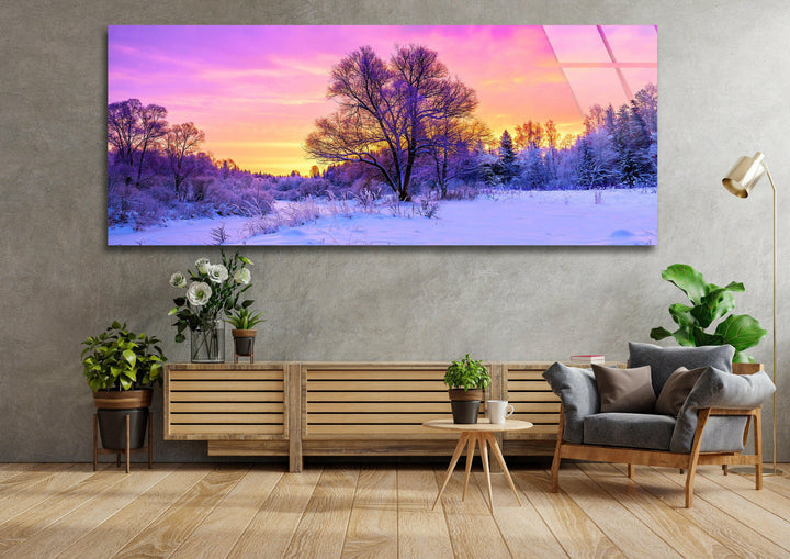 Snowy Forest Sunset Landscape Glass Wall Art, large glass photo prints, glass wall photos