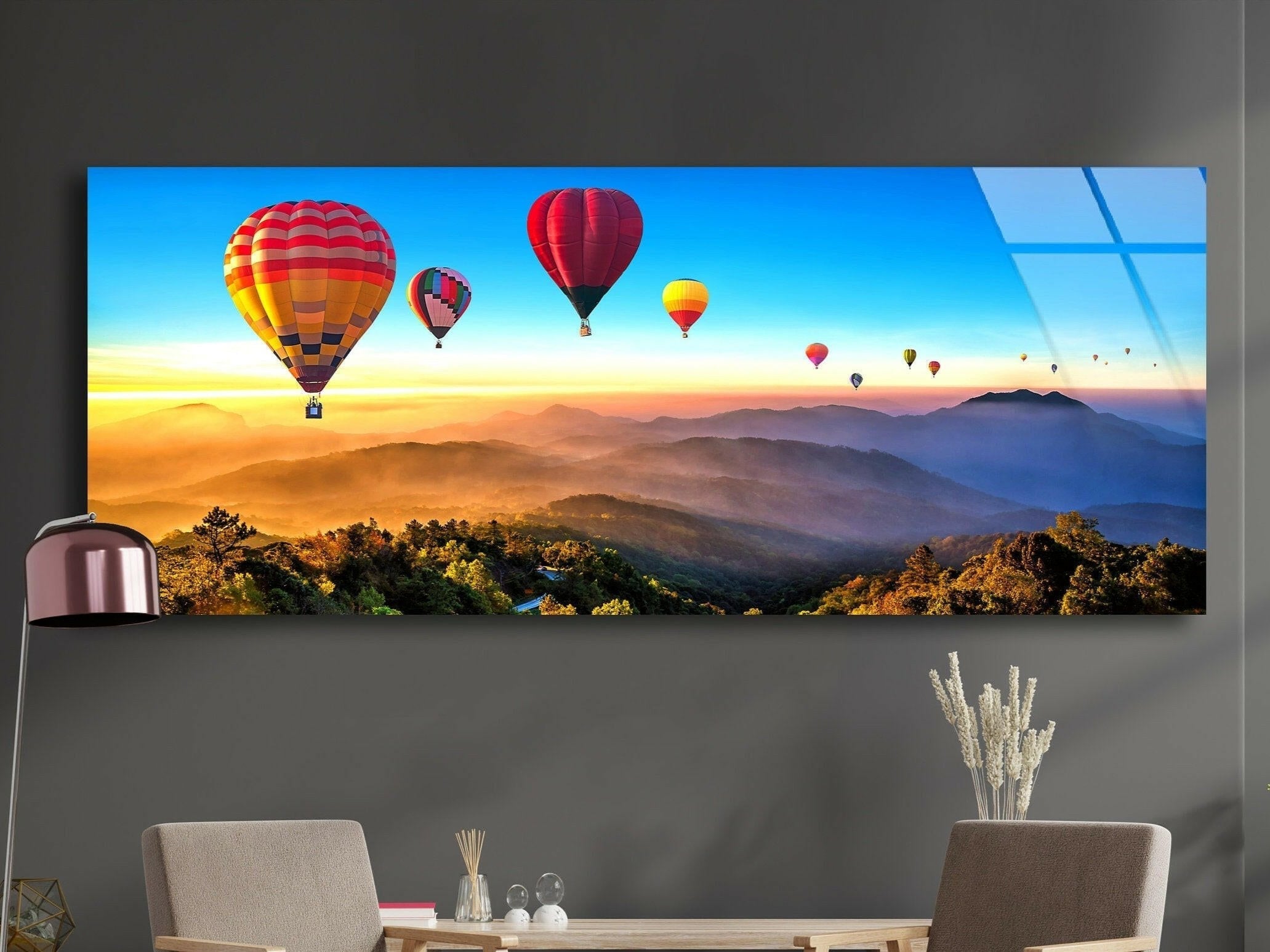 Hot Air Balloon Landscape Glass Wall Art, glass pictures for Wall, glass prints wall art