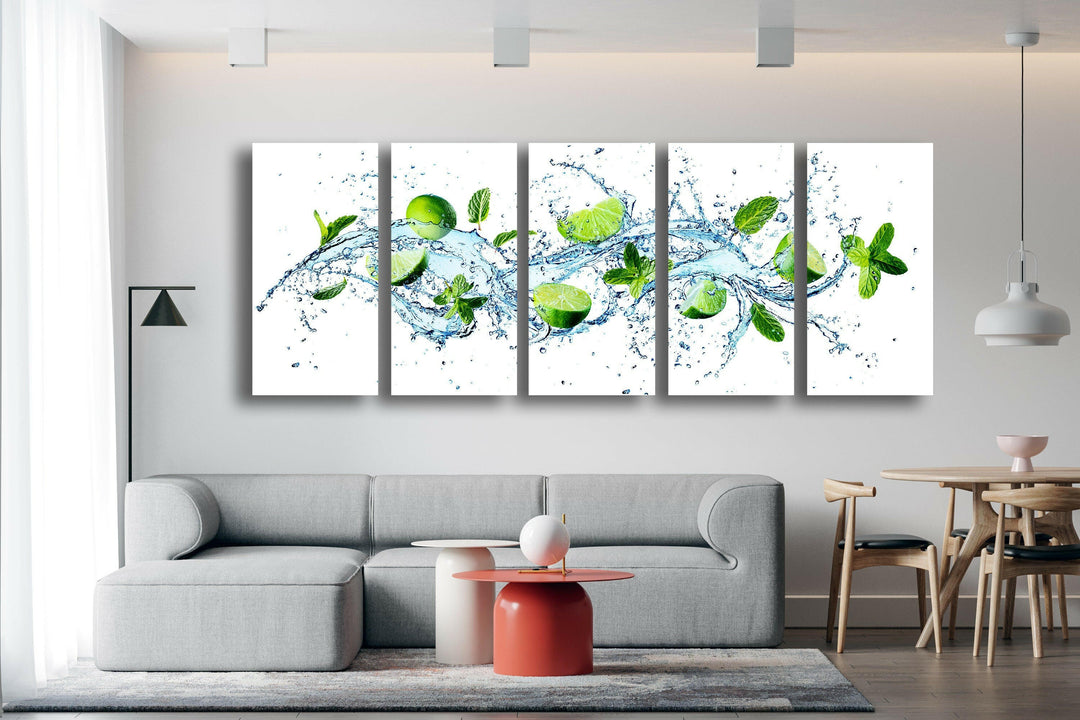 Limes and Water Splash Kitchen Glass Wall Art, glass wall decor, glass wall art decor