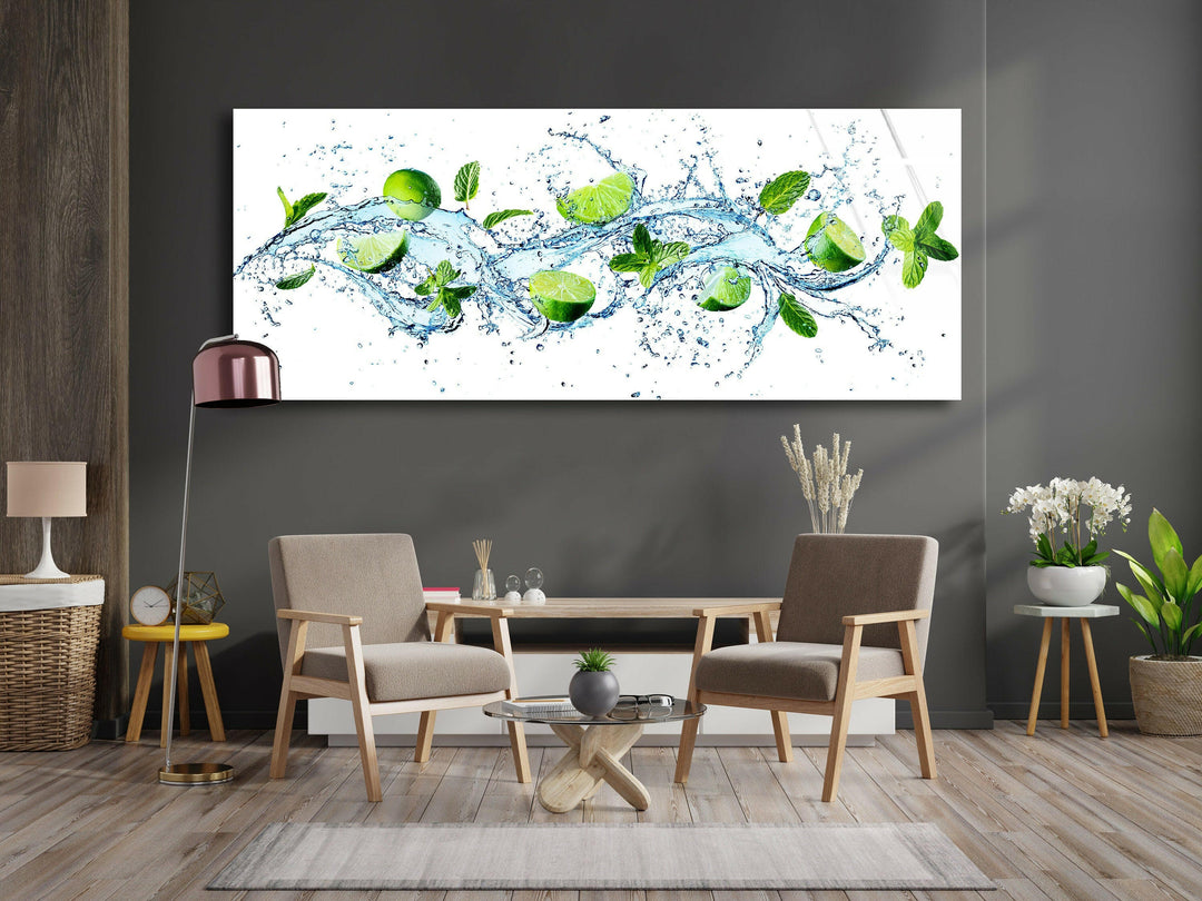 Limes and Water Splash Kitchen Glass Wall Art, print on glass, glass printed photos