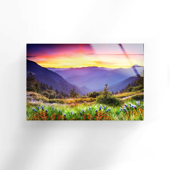 Sunset Colored Mountains Glass Wall Art photo print on glass, prints on glass wall art