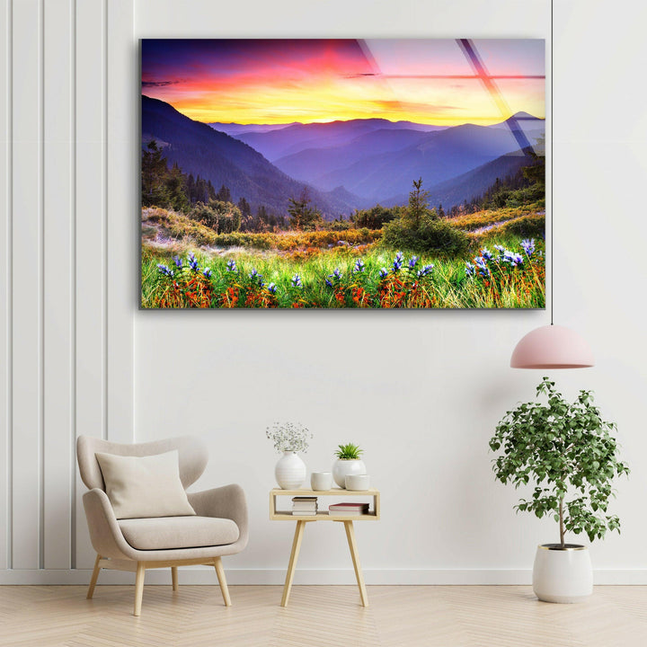 Sunset Colored Mountains Glass Wall Art glass pictures for Wall, glass prints wall art