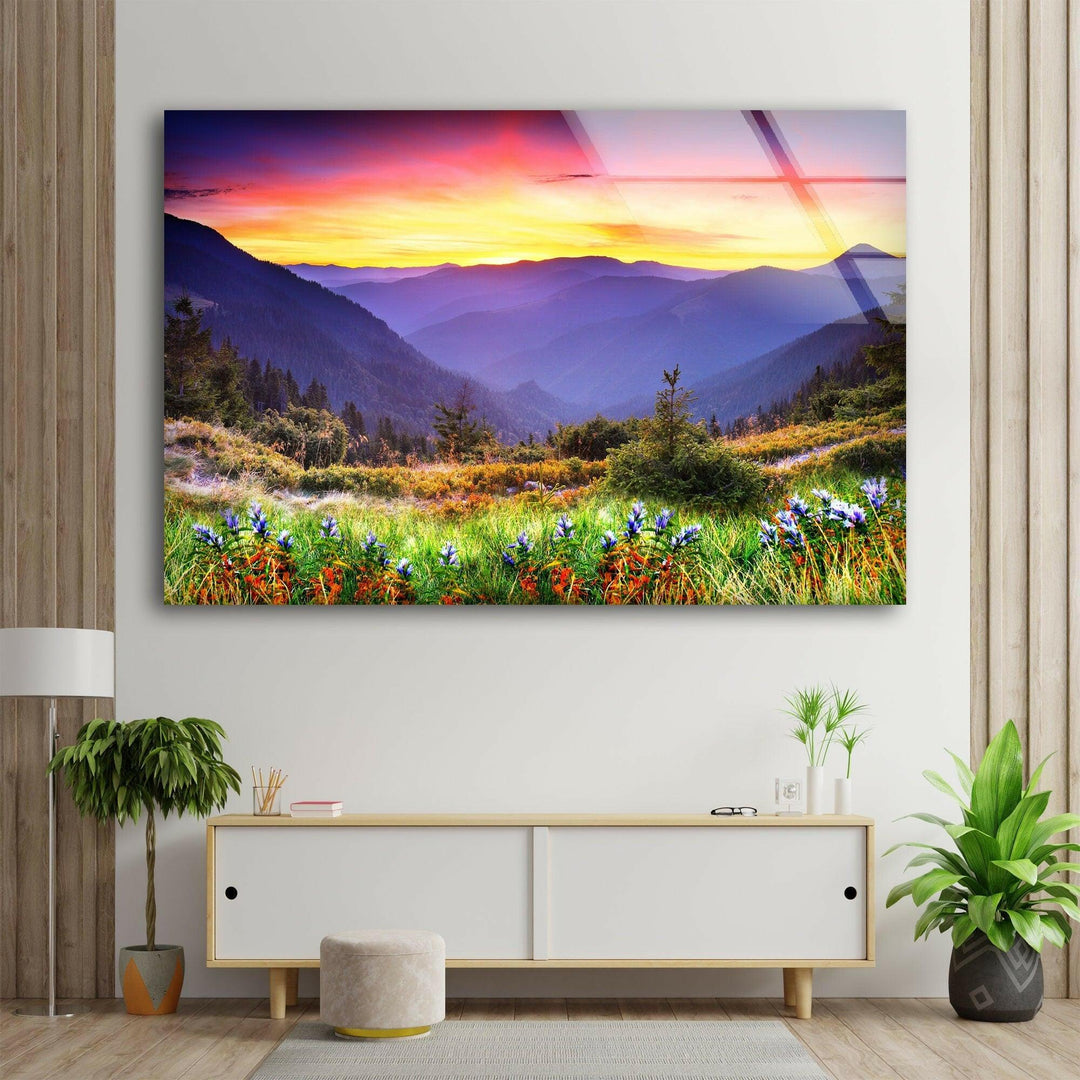 Sunset Colored Mountains Glass Wall Art glass photo prints, glass picture prints