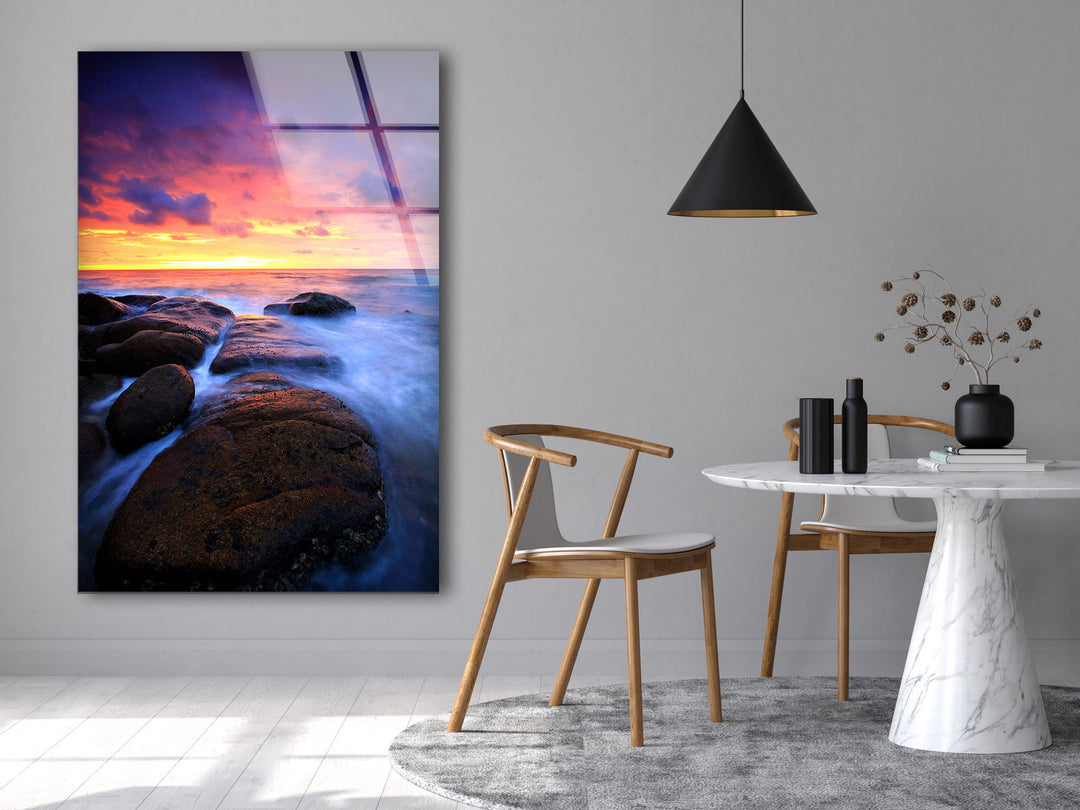 Sunset on Volcanic Rocks Glass Wall Art glass photo prints, glass picture prints