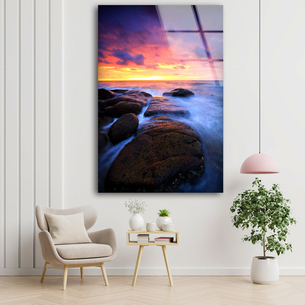 Sunset on Volcanic Rocks Glass Wall Art print picture on glass, Tempered Glass Wall Art