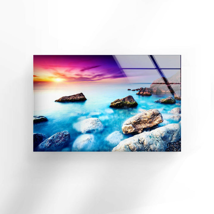 Vivid Sunset Over Rocks Glass Wall Art