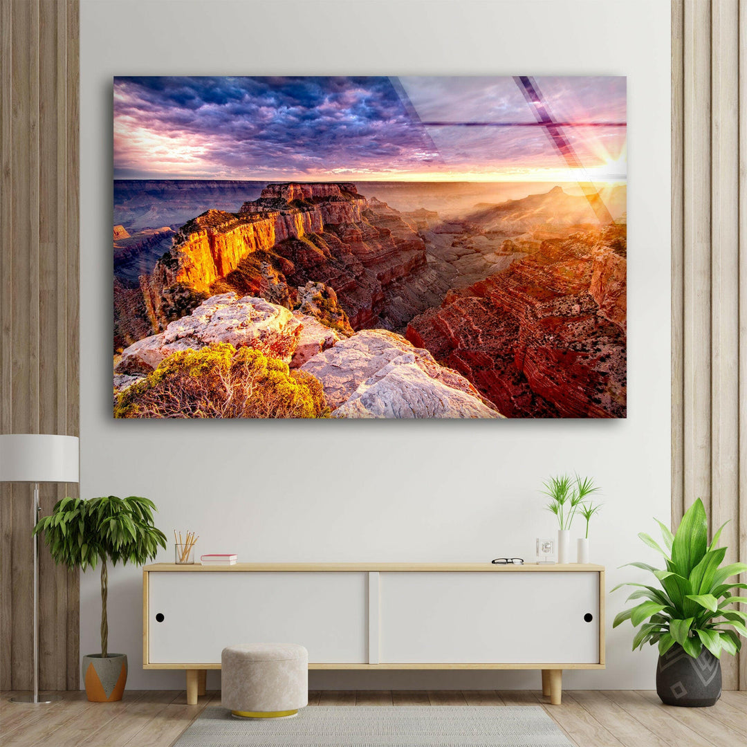 Grand Canyon Golden Sunset Glass Wall Art print picture on glass, Tempered Glass Wall Art