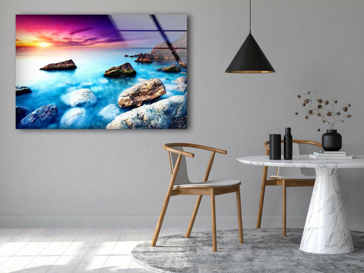 Vivid Sunset Over Rocks Glass Wall Art