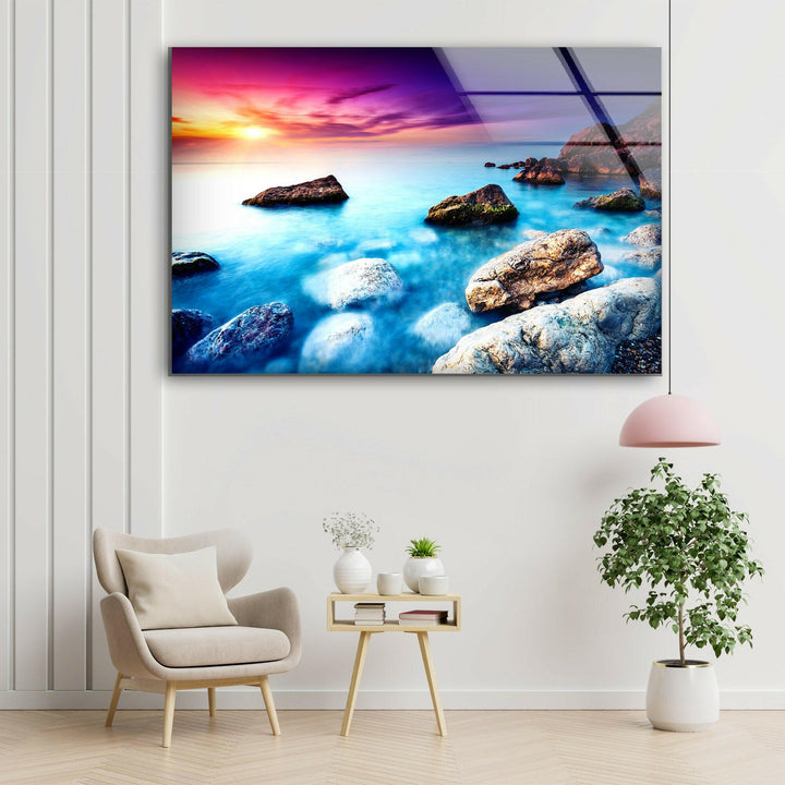 Vivid Sunset Over Rocks Glass Wall Art