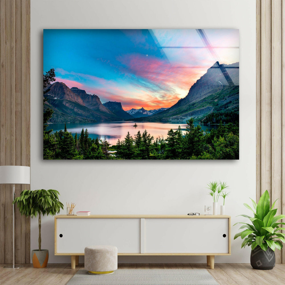 Saint Mary Lake Glass Wall Art print on glass, glass printed photos