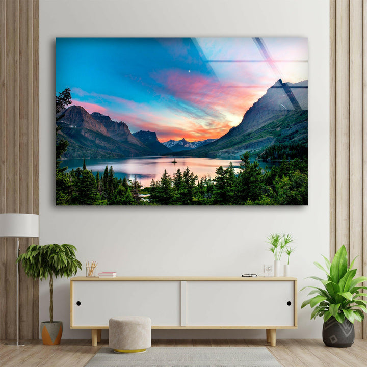 Saint Mary Lake Glass Wall Art print on glass, glass printed photos