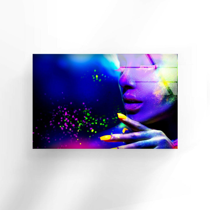 Woman in Neon Light Glass Wall Decor & Cool Artwork