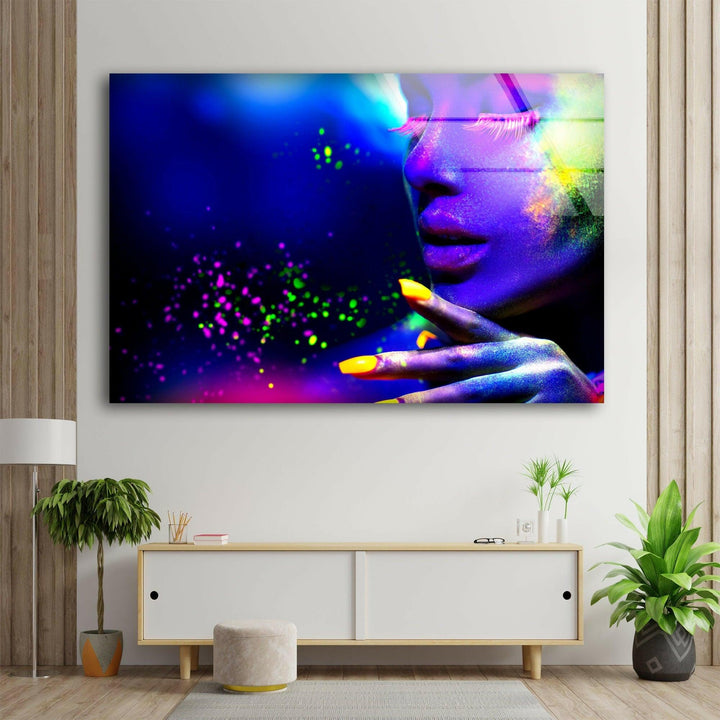 Woman in Neon Light Glass Picture Prints & Cool Art Pieces