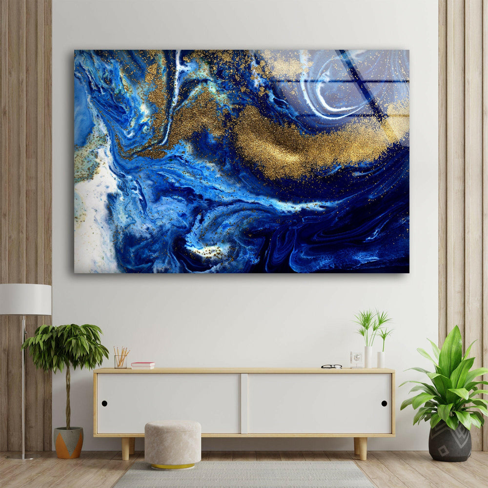 Marbled Blue and Gold Abstract Glass Printing Art