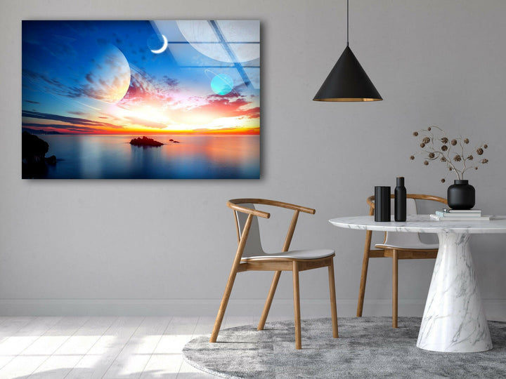 Sunset On The Sea&Planets Glass Wall Art, glass wall decor, glass wall art decor