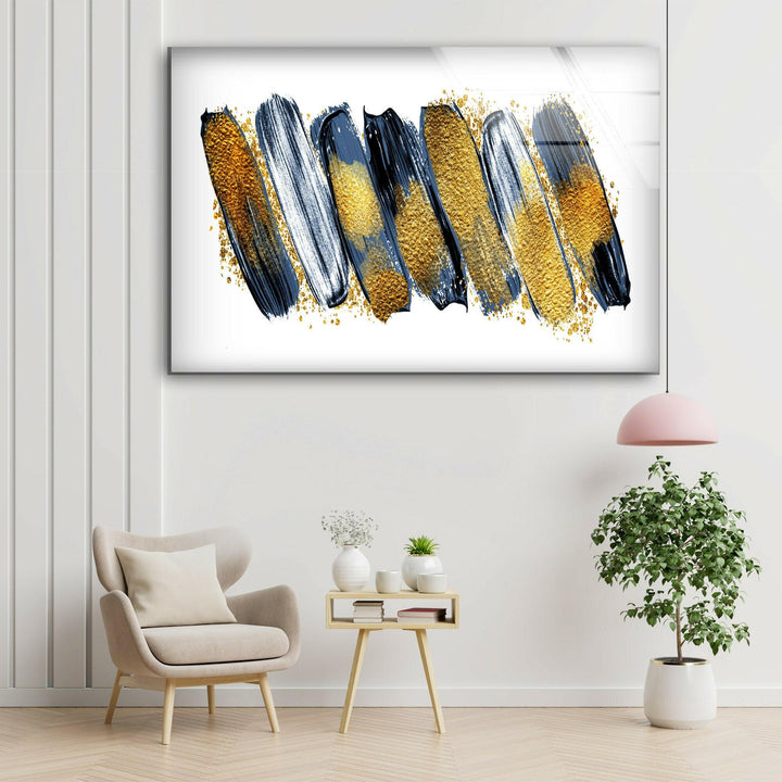 Gold Glitters with Blue Abstract Glass Wall Art, Glass Art, Glass Prints