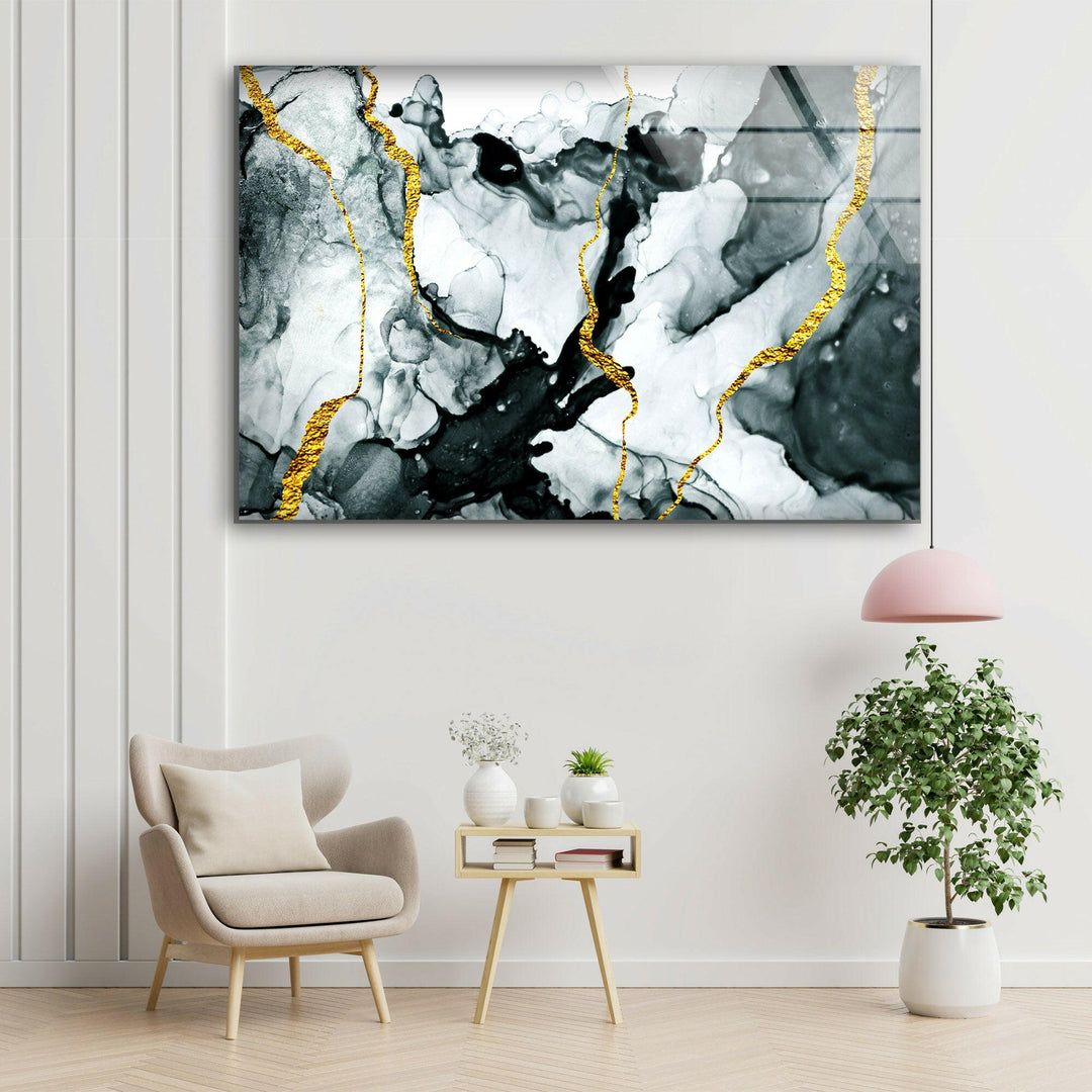 Gold & White Abstract Marble Glass Wall Art glass art painting, glass art for the Wall