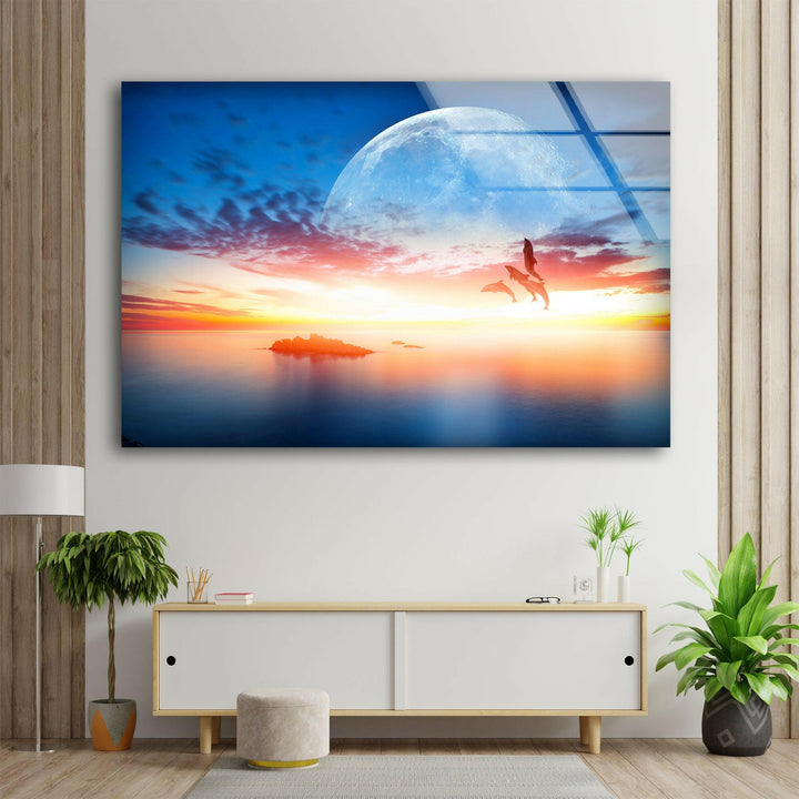 Sunset With Dolphins & Moon Glass Wall Art photo print on glass, prints on glass wall art