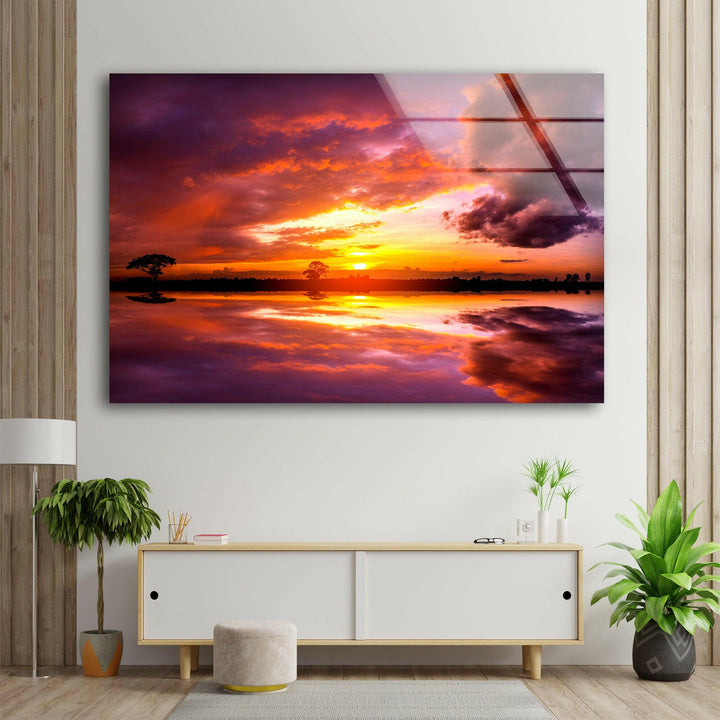 Vivid Pink Sunset Sky Glass Wall Art glass wall decor, glass wall art decor