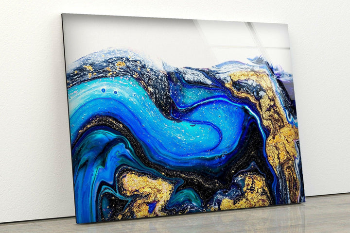 Blue Gold Marble Abstract Glass Wall Art glass art painting, glass art for the Wall