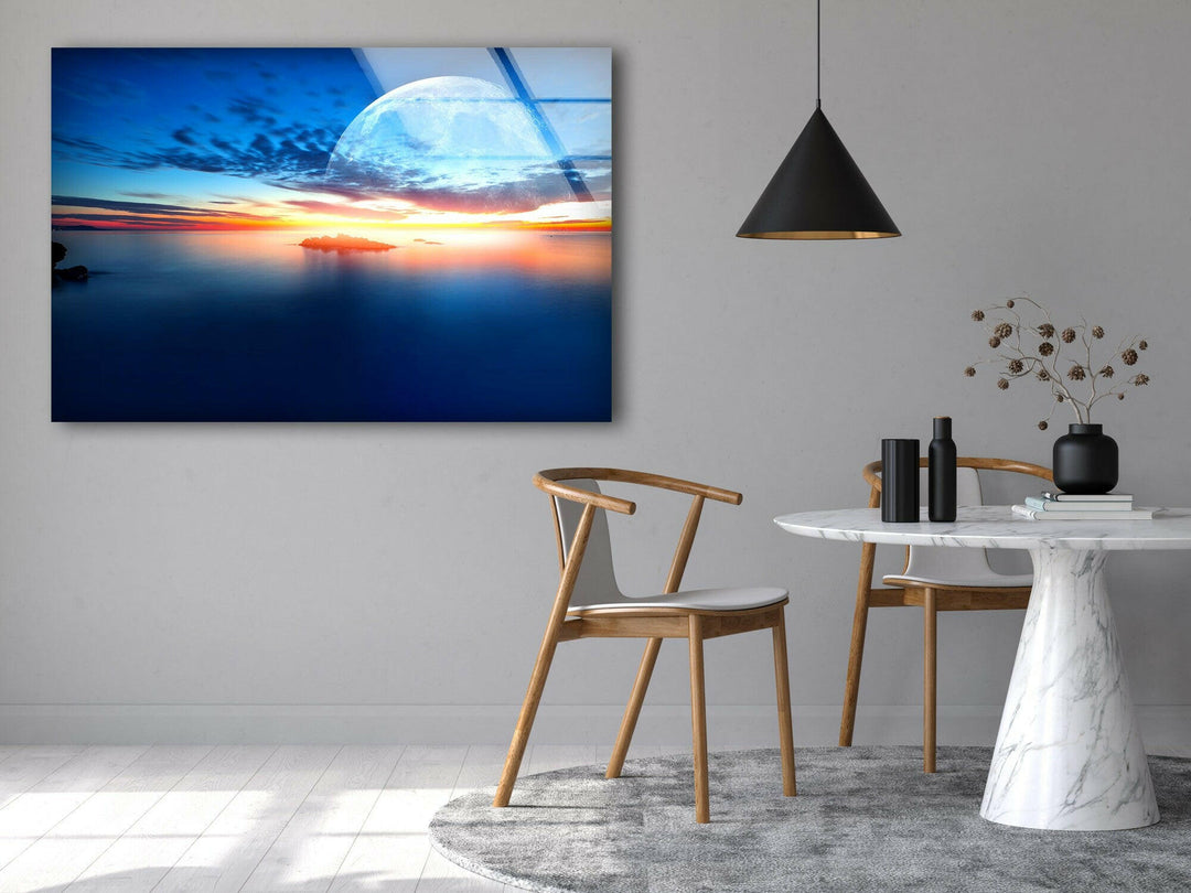 Sunset at Sea With Moon Glass Wall Art picture on glass wall art, photos printed on glass